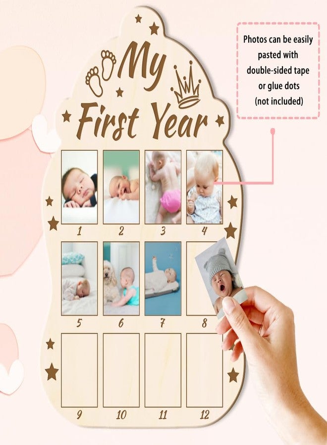 ORIGACH Baby Bottle Shape My First Year Baby Growth Photo Display Board, 12 Months Newborn Milestones Wood Keepsake Board for 1st Birthday & Nursery Decor,Crown & Footprint Pattern - Image 3